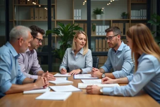 Groupe d'employes en réunion dans un bureau moderne