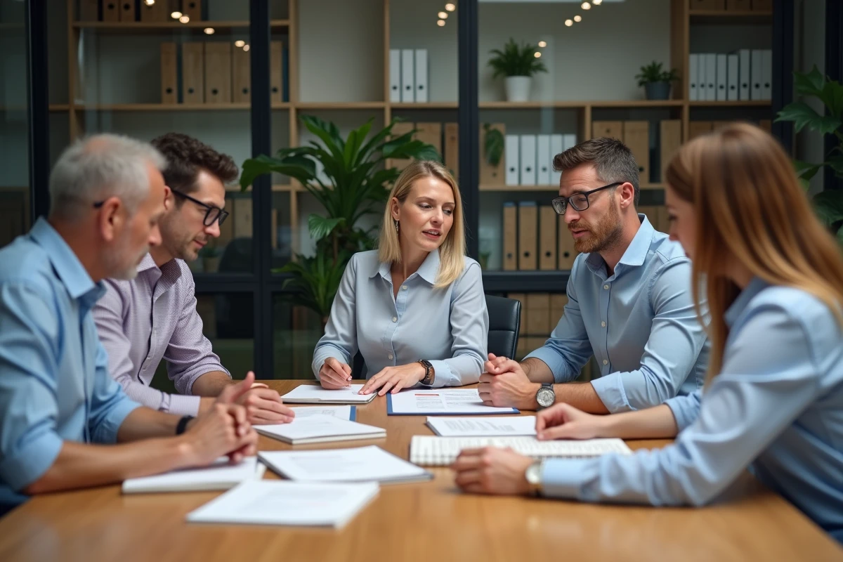 Groupe d'employes en réunion dans un bureau moderne