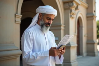 Homme musulman en thobe vérifiant un calendrier de prières devant la mosquee