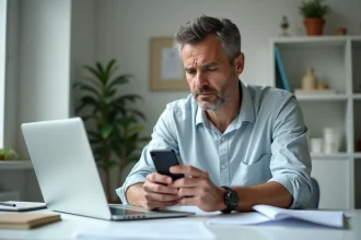 Homme d'âge moyen regardant son smartphone dans un bureau moderne