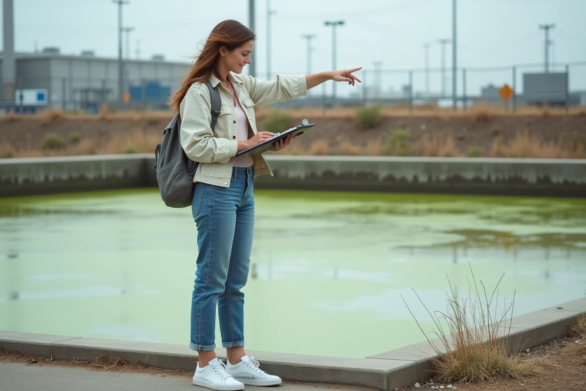 Jeune femme pointant des algues dans un bassin extérieur