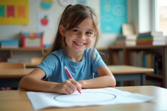 Jeune fille souriante en classe dessinant un cercle