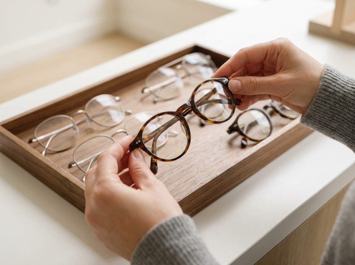 Sélection de montures de lunettes modernes présentées sur un comptoir dans une boutique d'optique du centre-ville de Brest