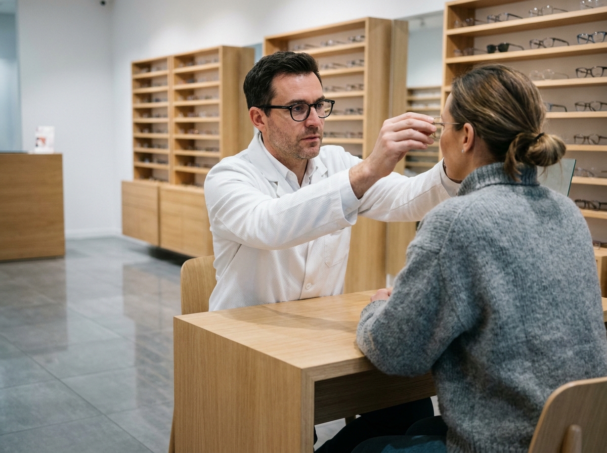 Opticien professionnel aidant une cliente à choisir des montures de lunettes dans un magasin d'optique à Brest