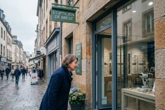 Devanture d'un opticien moderne rue de Siam à Brest avec une femme regardant la vitrine de lunettes