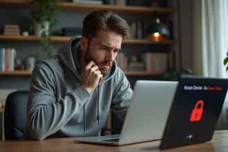 Homme bloqué sur un site internet affichant une page d'accès refusé par le FAI sur son ordinateur portable