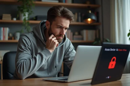 Homme bloqué sur un site internet affichant une page d'accès refusé par le FAI sur son ordinateur portable