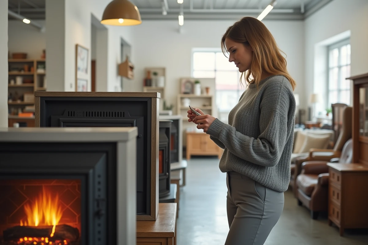 Femme parcourant des cheminées décoratives à flammes factices en occasion dans une boutique de meubles de seconde main