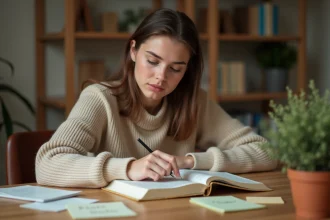 Jeune femme consultant un dictionnaire allemand-français pour apprendre la traduction du mot sonstiges