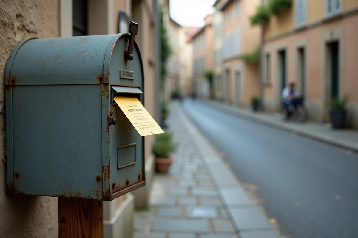 Avis de passage recommandé glissé dans une boîte aux lettres de maison en village français
