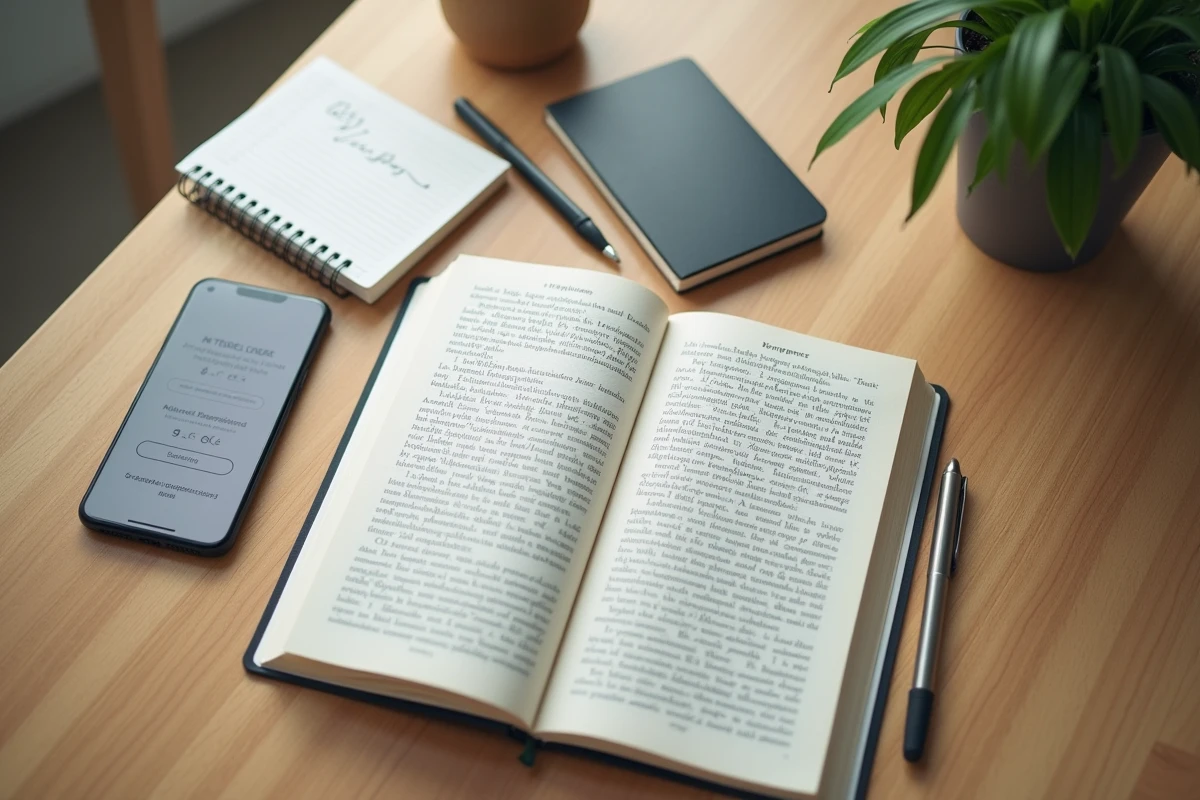 Vue de dessus d'un bureau avec un livre ouvert et un smartphone affichant une page d'inscription à une plateforme de lecture numérique