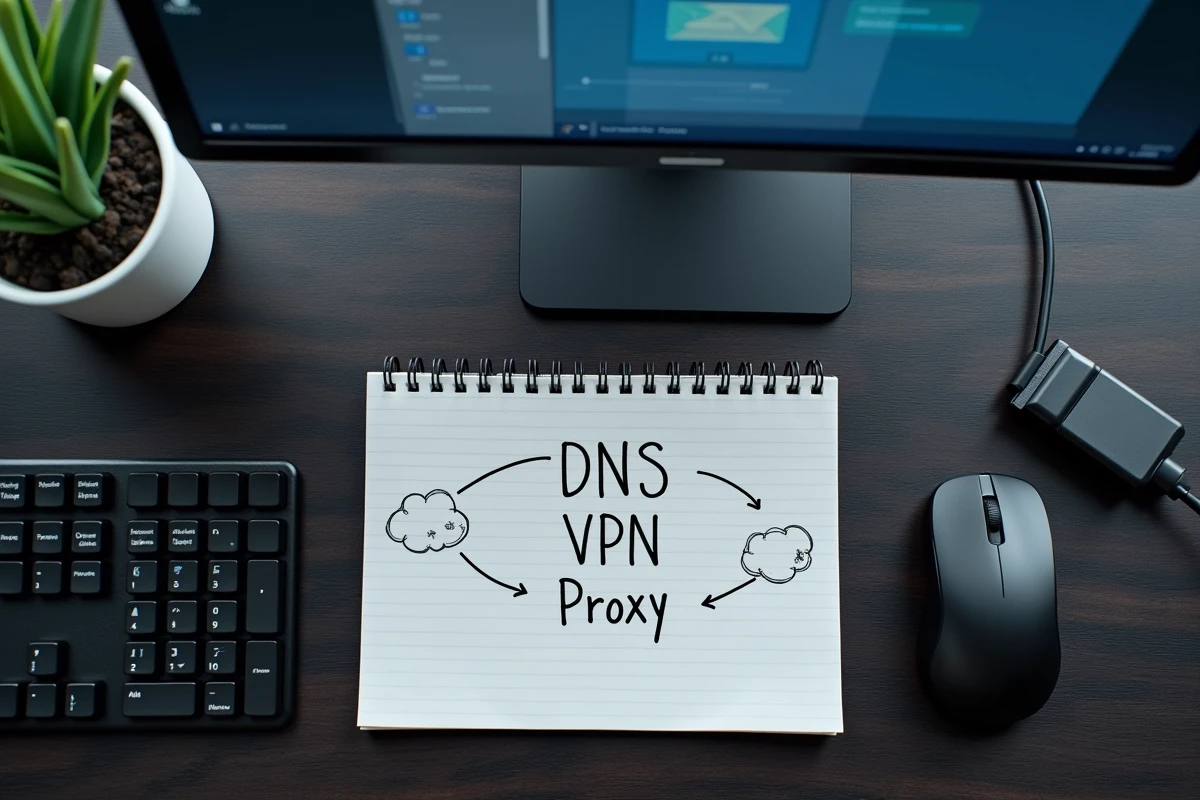 Vue aérienne d'un bureau avec notes manuscrites sur DNS, VPN et proxy pour contourner les restrictions d'un FAI