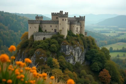 Château médiéval en pierre dans l'Orne, entouré de forêts normandes en automne, département 61