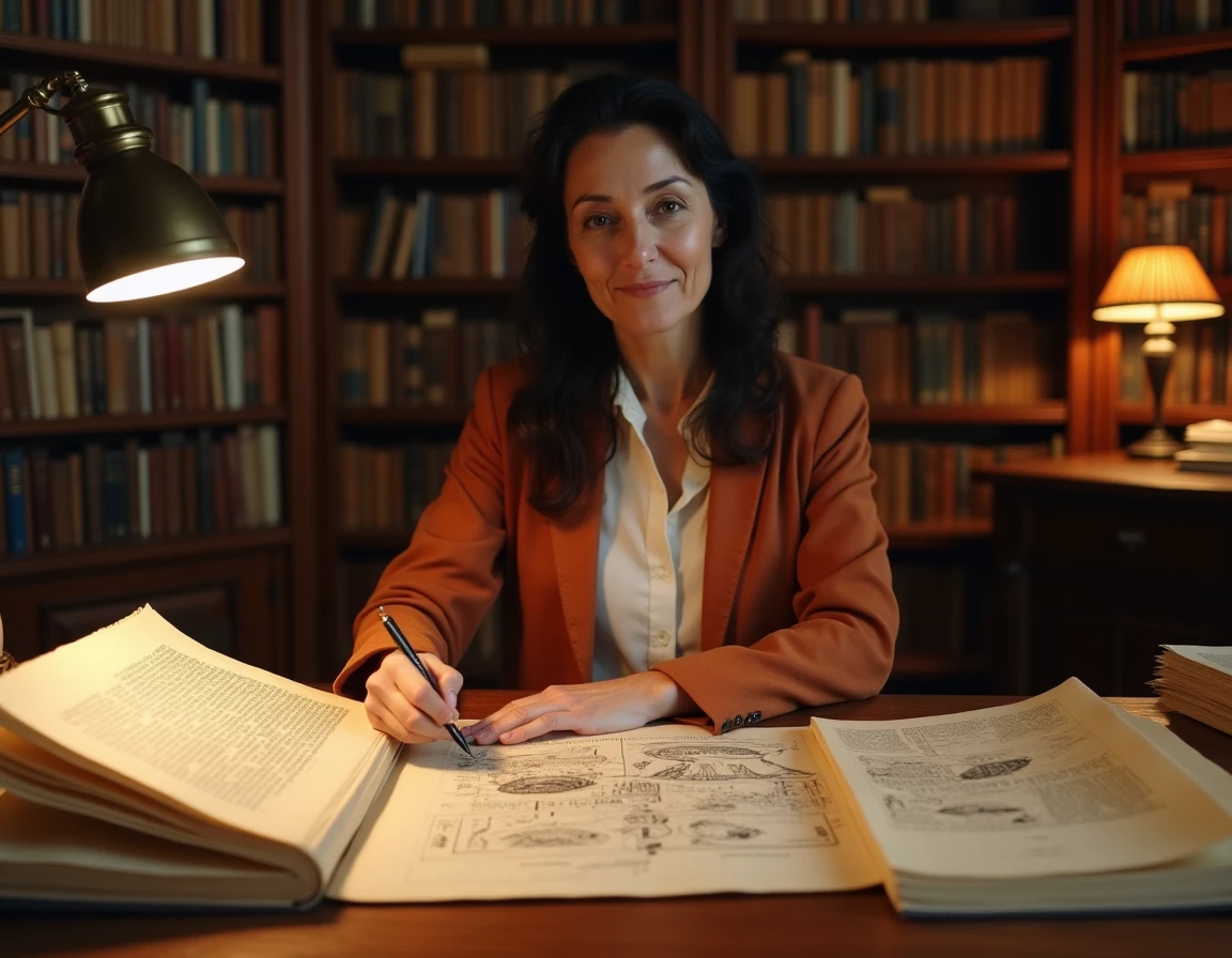 Chercheuse étudiant des manuscrits sur la mythologie grecque et la déesse Gaïa