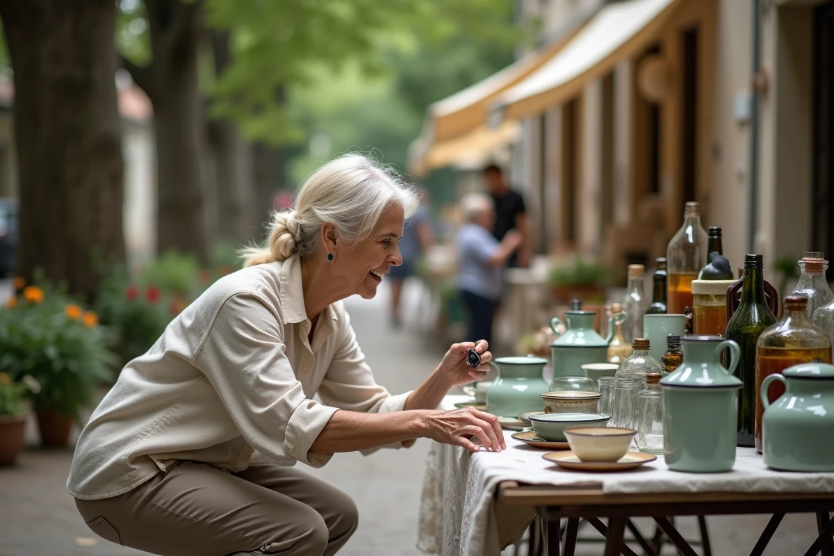 Femme examinant de la vaisselle ancienne sur un étal de vide grenier dans un village du Lot-et-Garonne