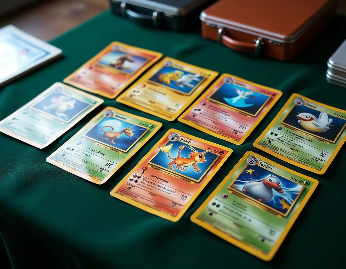 Collection de cartes Pokémon rares holographiques et première édition étalées sur un velours vert foncé
