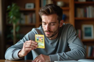 Collectionneur adulte examinant une carte Pokémon holographique rare avec une loupe sur un bureau en bois