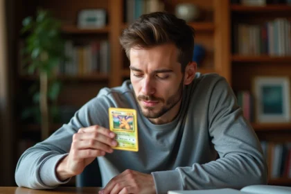 Collectionneur adulte examinant une carte Pokémon holographique rare avec une loupe sur un bureau en bois