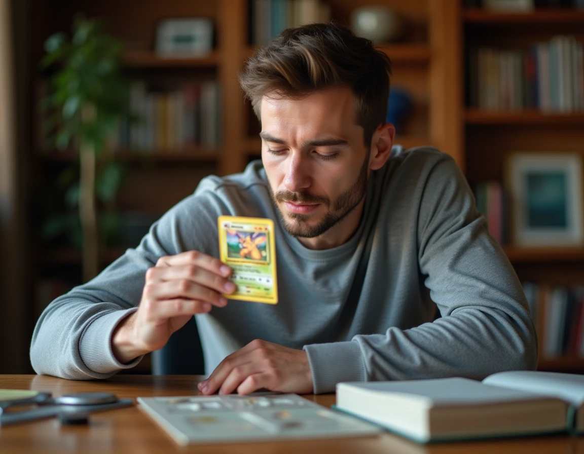 Collectionneur adulte examinant une carte Pokémon holographique rare avec une loupe sur un bureau en bois