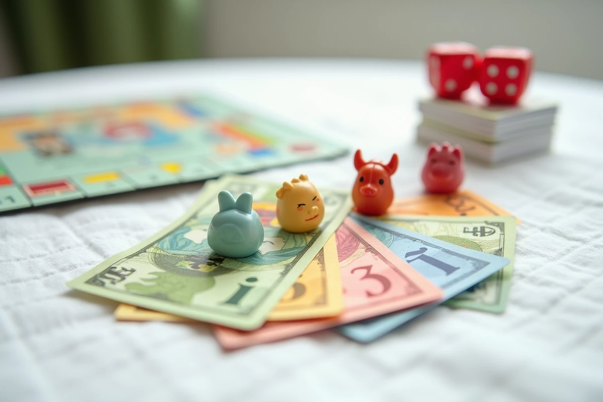 Gros plan des composants du Monopoly Junior : billets colorés, pions plastiques, dés et cartes propriétés