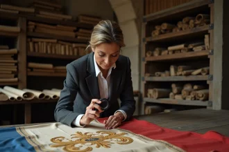 Conservatrice de musée examinant une reproduction historique du drapeau royal français à fleurs de lys sur une table d'archives
