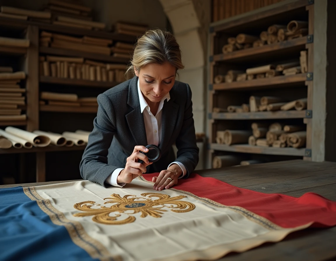 Conservatrice de musée examinant une reproduction historique du drapeau royal français à fleurs de lys sur une table d'archives