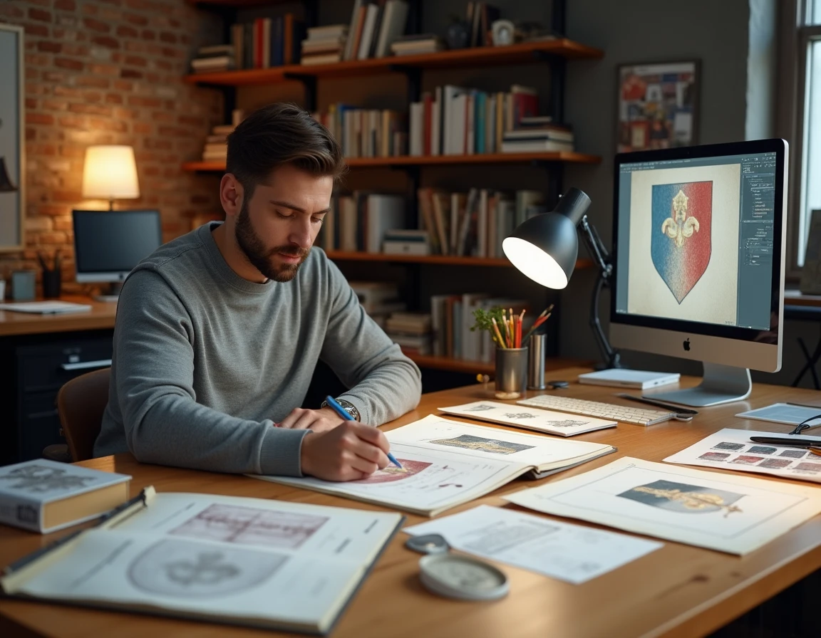Designer graphique comparant deux reproductions du drapeau royal français avec des annotations héraldiques dans un studio créatif