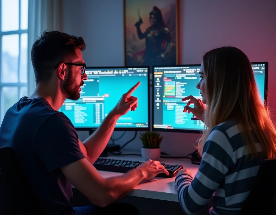 Deux joueurs discutant d'une erreur de quête devant un double écran RPG dans un bureau moderne