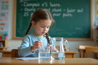 Élève de CM1 versant de l'eau dans une carafe graduée lors d'une leçon sur les litres et centilitres en classe