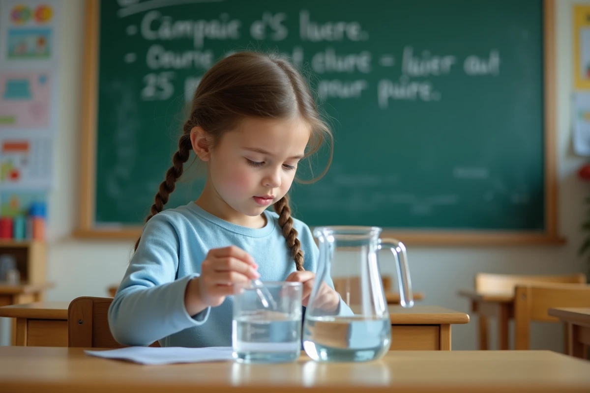 Élève de CM1 versant de l'eau dans une carafe graduée lors d'une leçon sur les litres et centilitres en classe