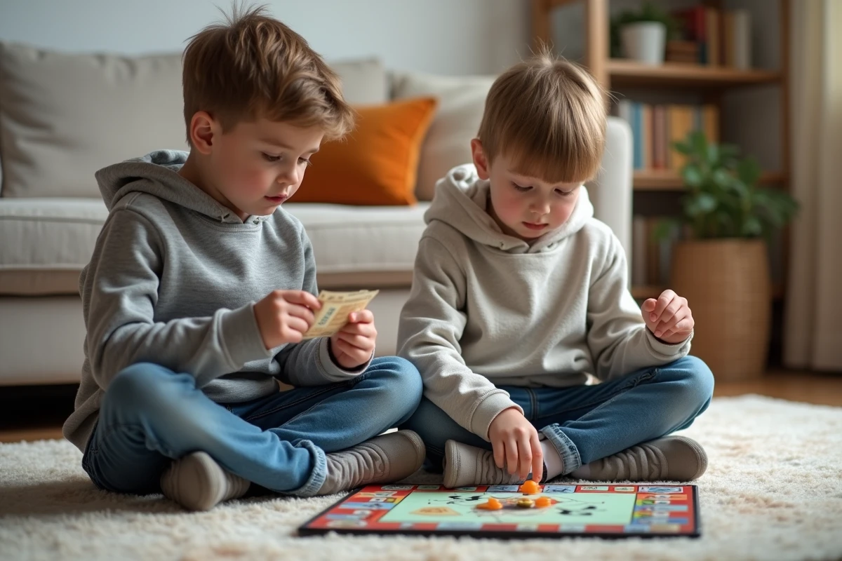 Deux enfants jouant au Monopoly Junior assis sur un tapis de salon, comptant les billets et déplaçant les pions