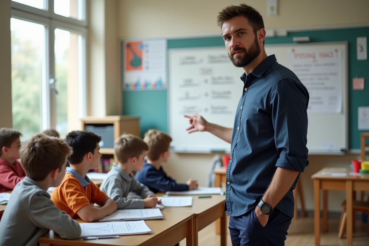 Enseignant expliquant la conversion litres et centilitres au tableau devant des élèves de CM2 en classe de mathématiques