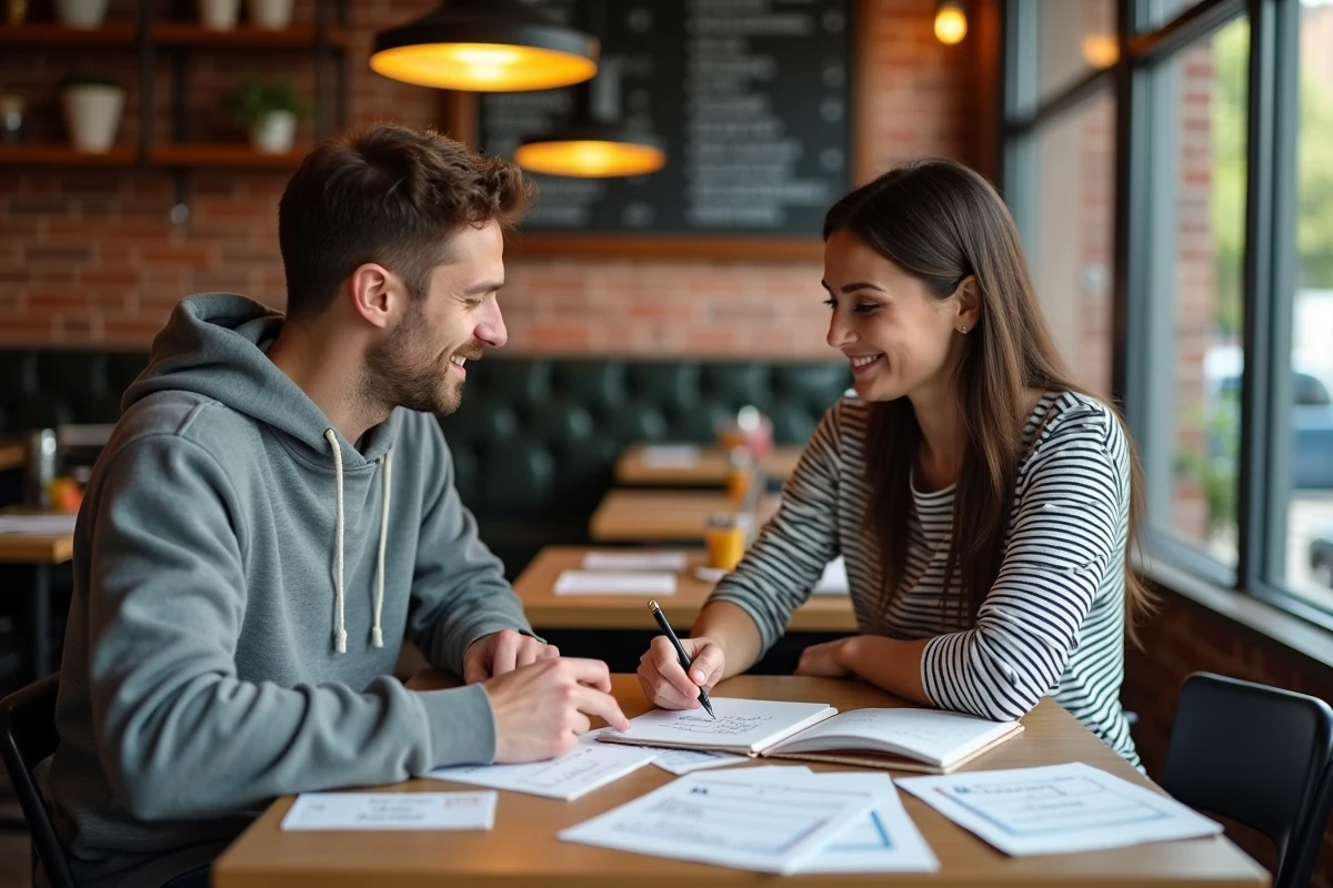 Deux étudiants révisant des fiches de vocabulaire allemand dans un café pour mémoriser la traduction de sonstiges