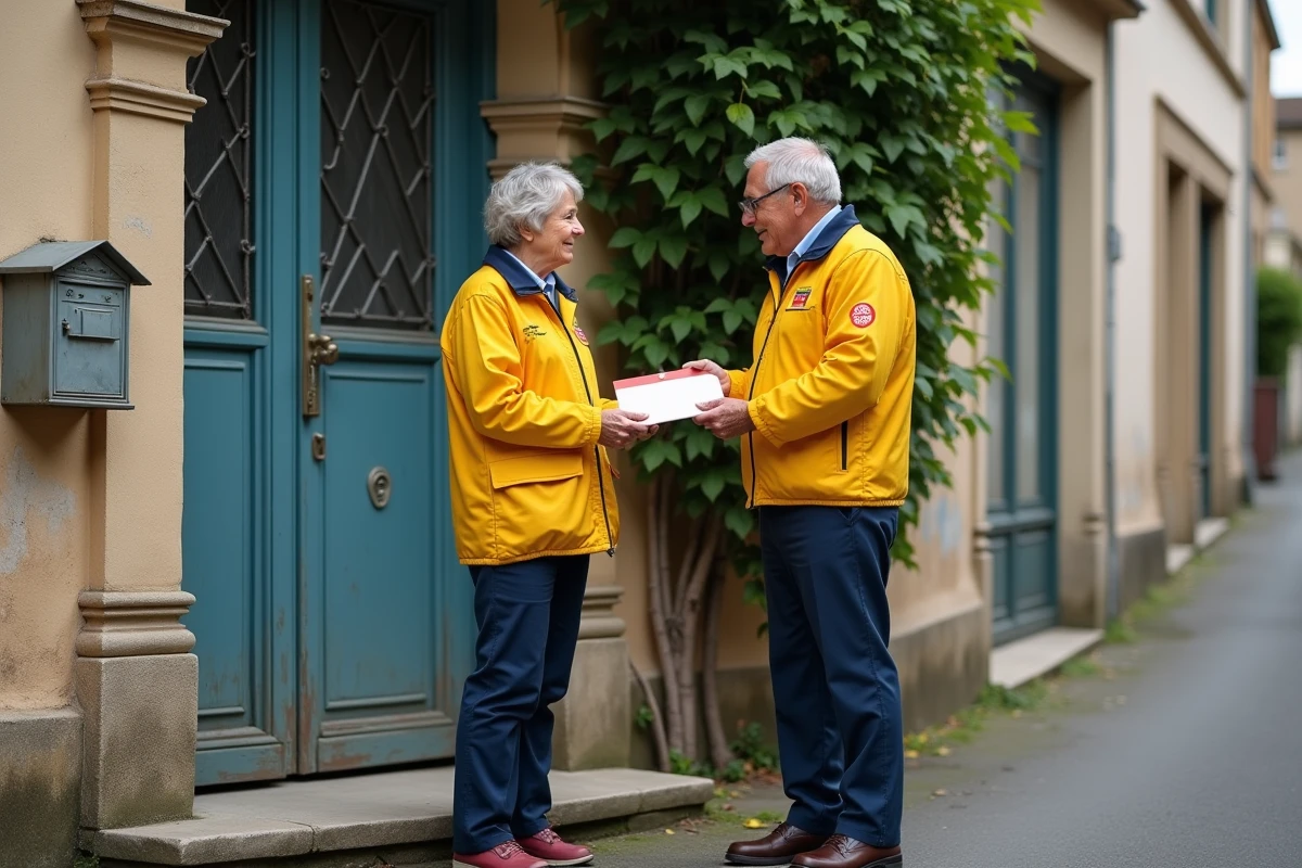 Facteur en uniforme La Poste remettant une lettre recommandée à une femme devant sa porte d'entrée