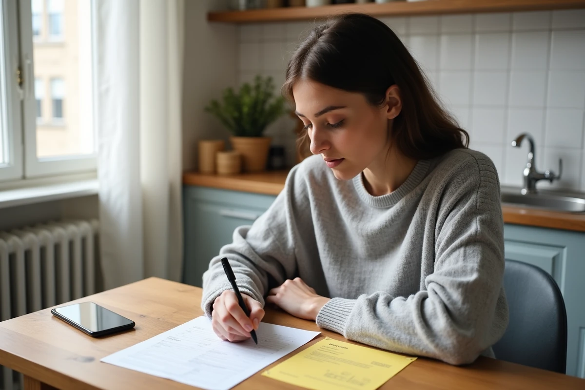 Femme remplissant un formulaire de relivraison de colis recommandé dans une cuisine appartement