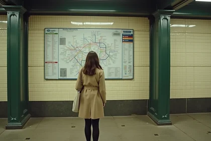 Femme consultant un plan de métro de Paris affiché sur le mur d'une station, lignes colorées visibles en détail