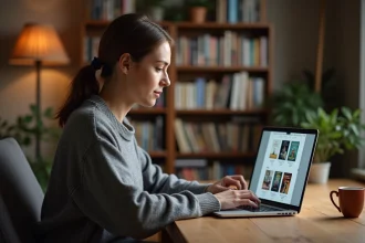 Femme utilisant une plateforme de livres numériques sur un ordinateur portable dans un bureau à domicile