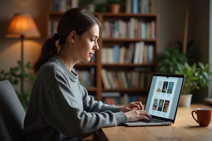 Femme utilisant une plateforme de livres numériques sur un ordinateur portable dans un bureau à domicile