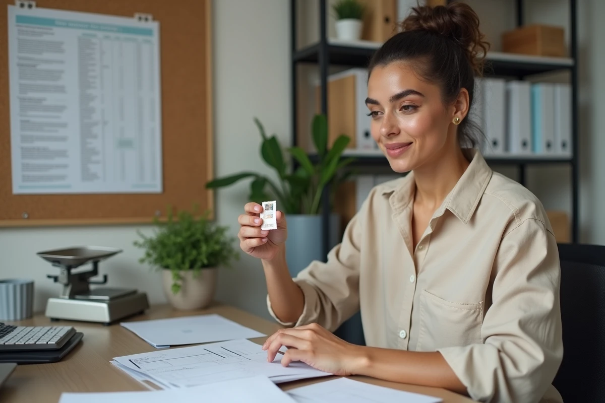 Femme consultant un tableau de poids pour timbre posé sur un tableau en liège au bureau