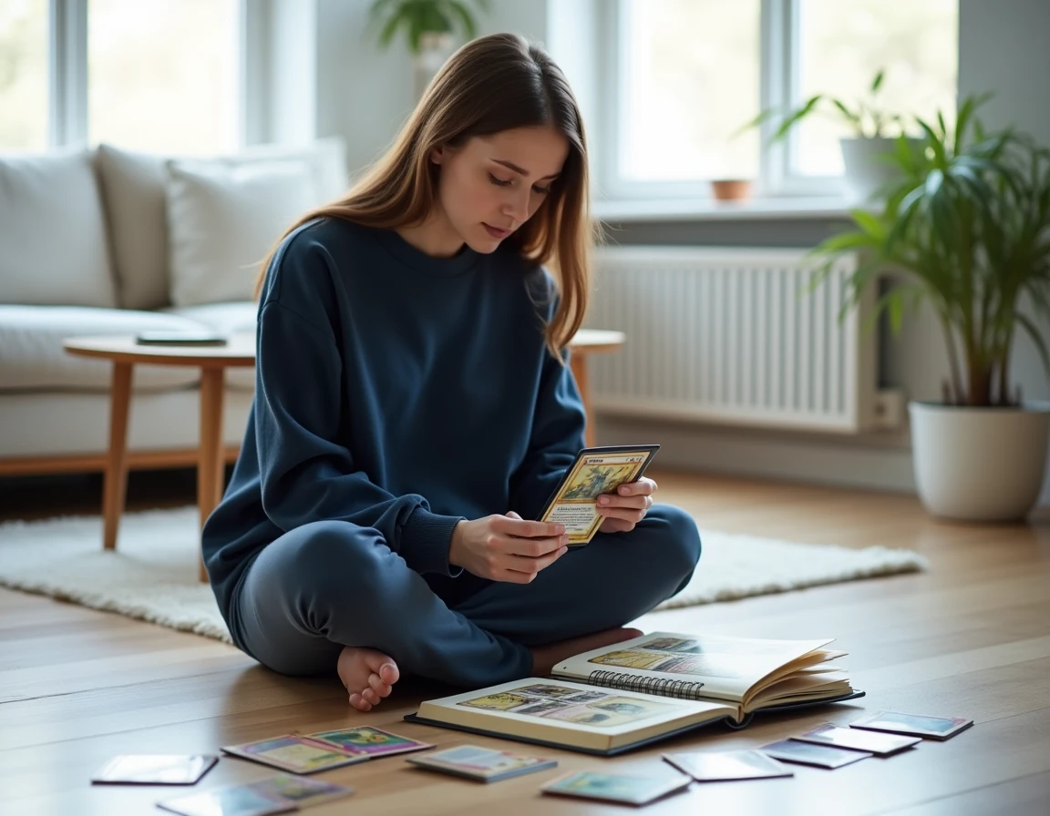 Jeune femme adulte triant des cartes Pokémon rares dans un classeur sur le parquet d'un appartement minimaliste