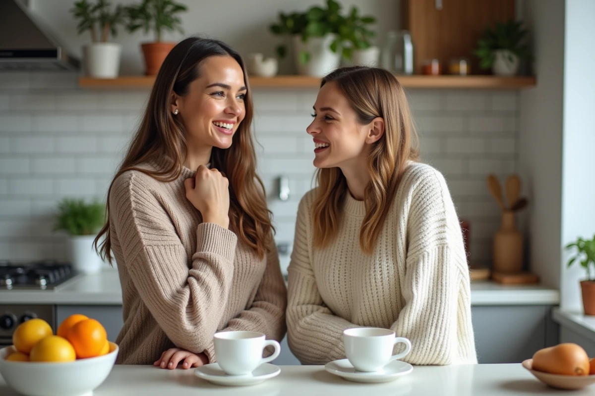 Deux femmes adultes riant dans une cuisine moderne en échangeant des blagues d'humour noir entre amies
