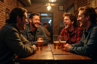 Groupe d'amis adultes riant autour d'une table de bar en se racontant des blagues d'humour noir