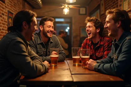Groupe d'amis adultes riant autour d'une table de bar en se racontant des blagues d'humour noir