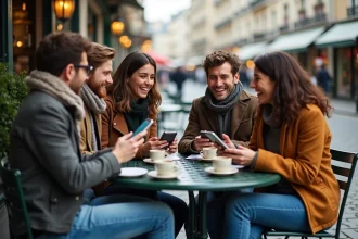 Groupe d'amis parisiens se retrouvant à une terrasse de café grâce à l'application OnVaSortir Paris