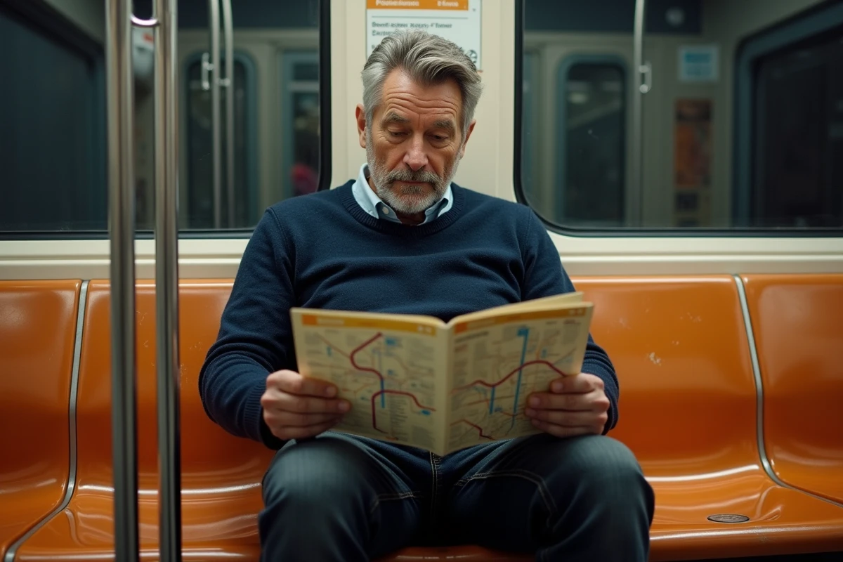 Homme tenant une carte papier du métro parisien dans une rame, lignes de métro dépliées sur ses genoux