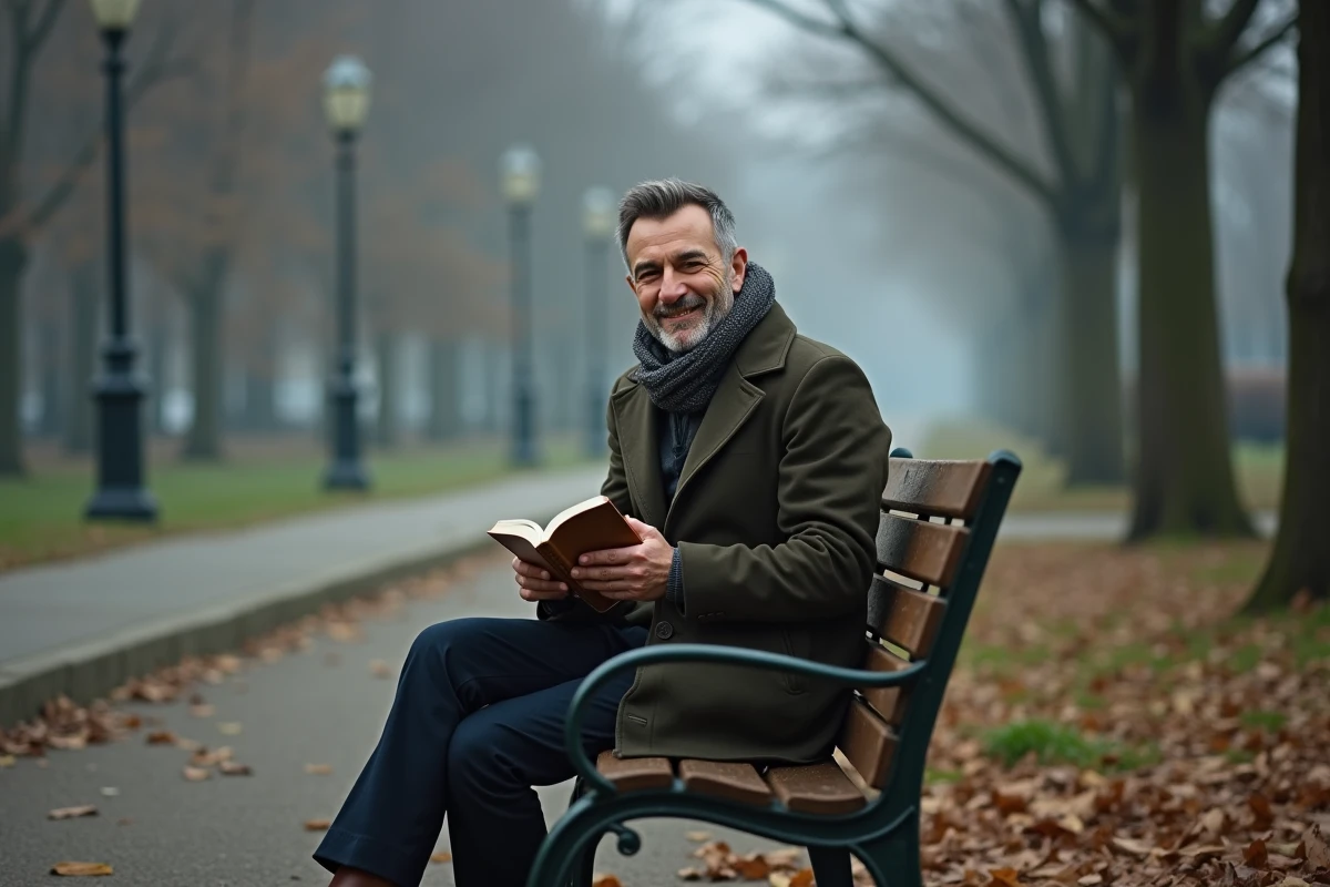 Homme adulte souriant seul sur un banc de parc en lisant un livre d'humour noir en automne
