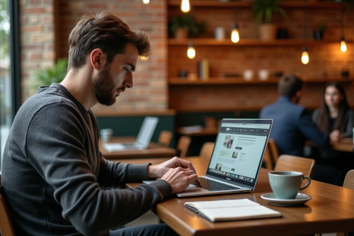 Homme consultant le site OnVaSortir Paris sur son ordinateur dans un café coworking parisien