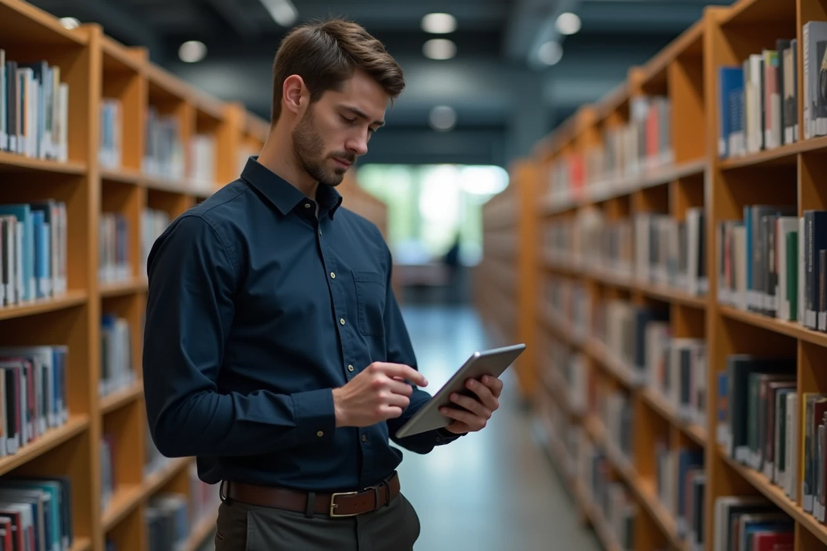 Homme consultant un site d'abonnement de livres numériques sur une tablette dans une bibliothèque moderne