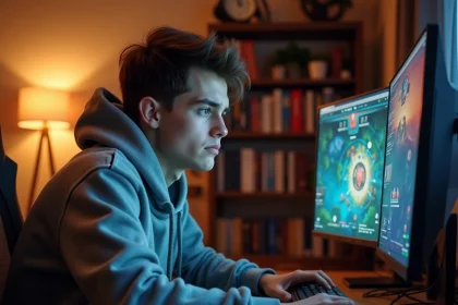 Joueur concentré devant son écran affichant une interface de jeu RPG fantasy avec tracker de quêtes Dofus