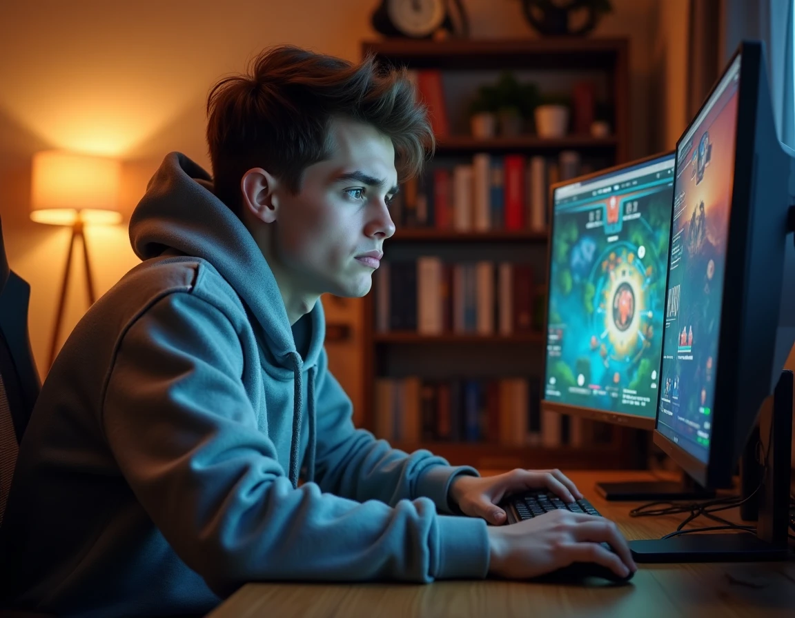 Joueur concentré devant son écran affichant une interface de jeu RPG fantasy avec tracker de quêtes Dofus